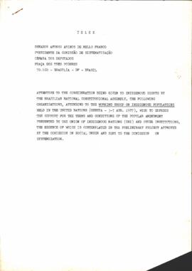 TELEX SENADOR AFONSO ARINOS DE MELLO FRANCO PRESIDENTE DA COMISSAO DE SISTEMATIZACAO CAMARA DOS D...