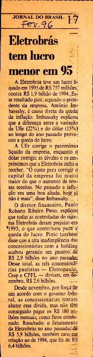 Eletrobras tem lucro menor em 1995 (matéria jornalística)